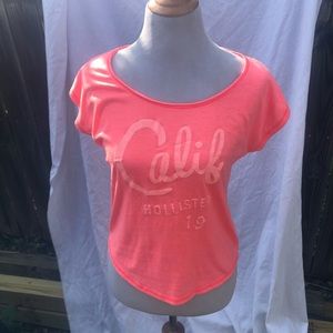 Hollister Co. Logo Coral off the Shoulder Scoop neck Graphic Tee